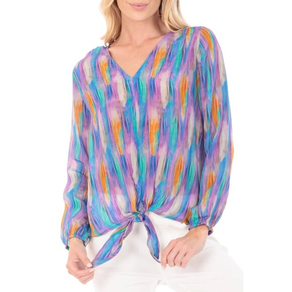 APNY Blouse Size Medium Tie Front Long Sleeve Multicolor Artistic Shades Print - Picture 1 of 9